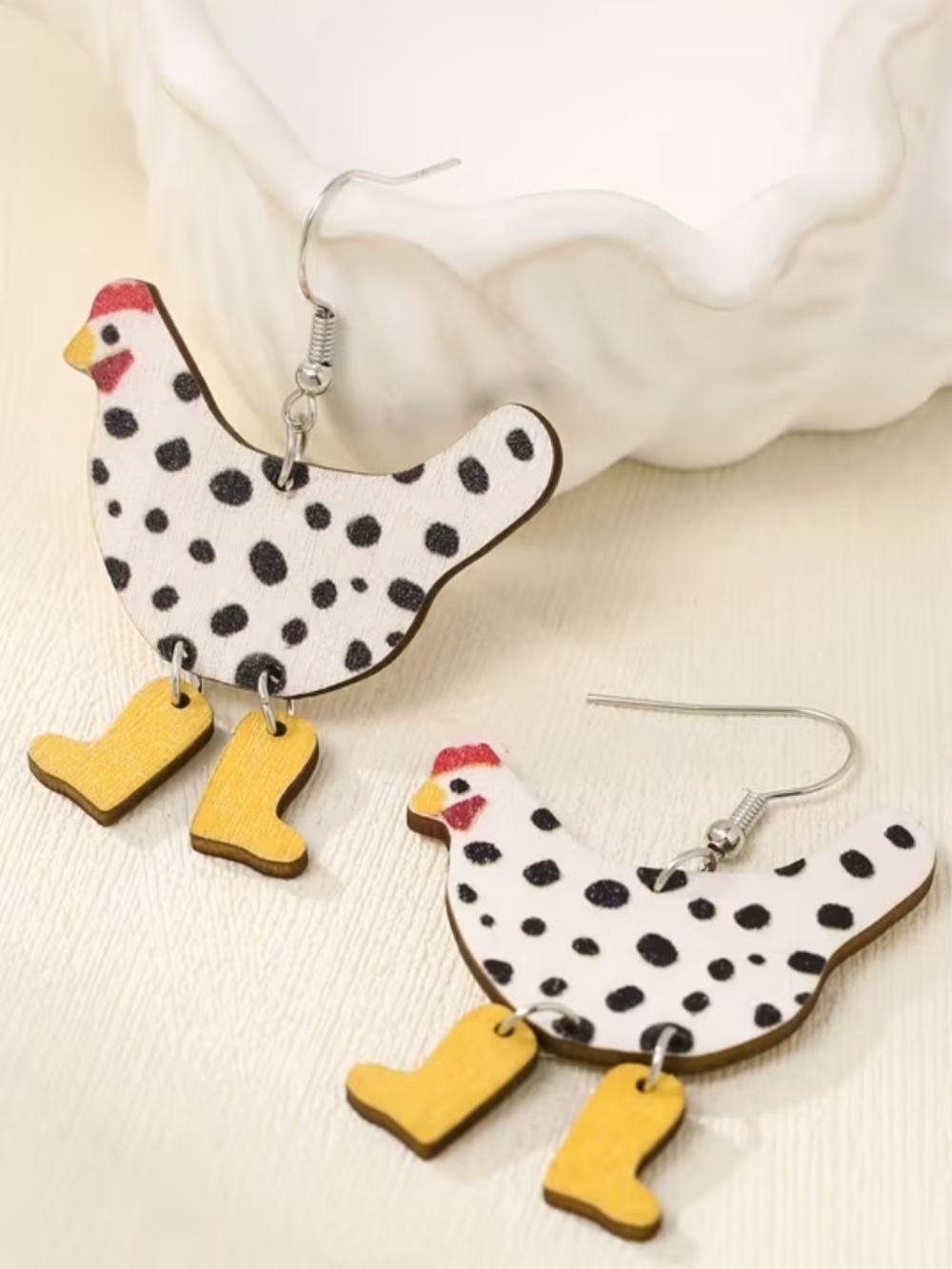 Playful Chicken Drop Earrings in White and Yellow - Picture 5 of 5